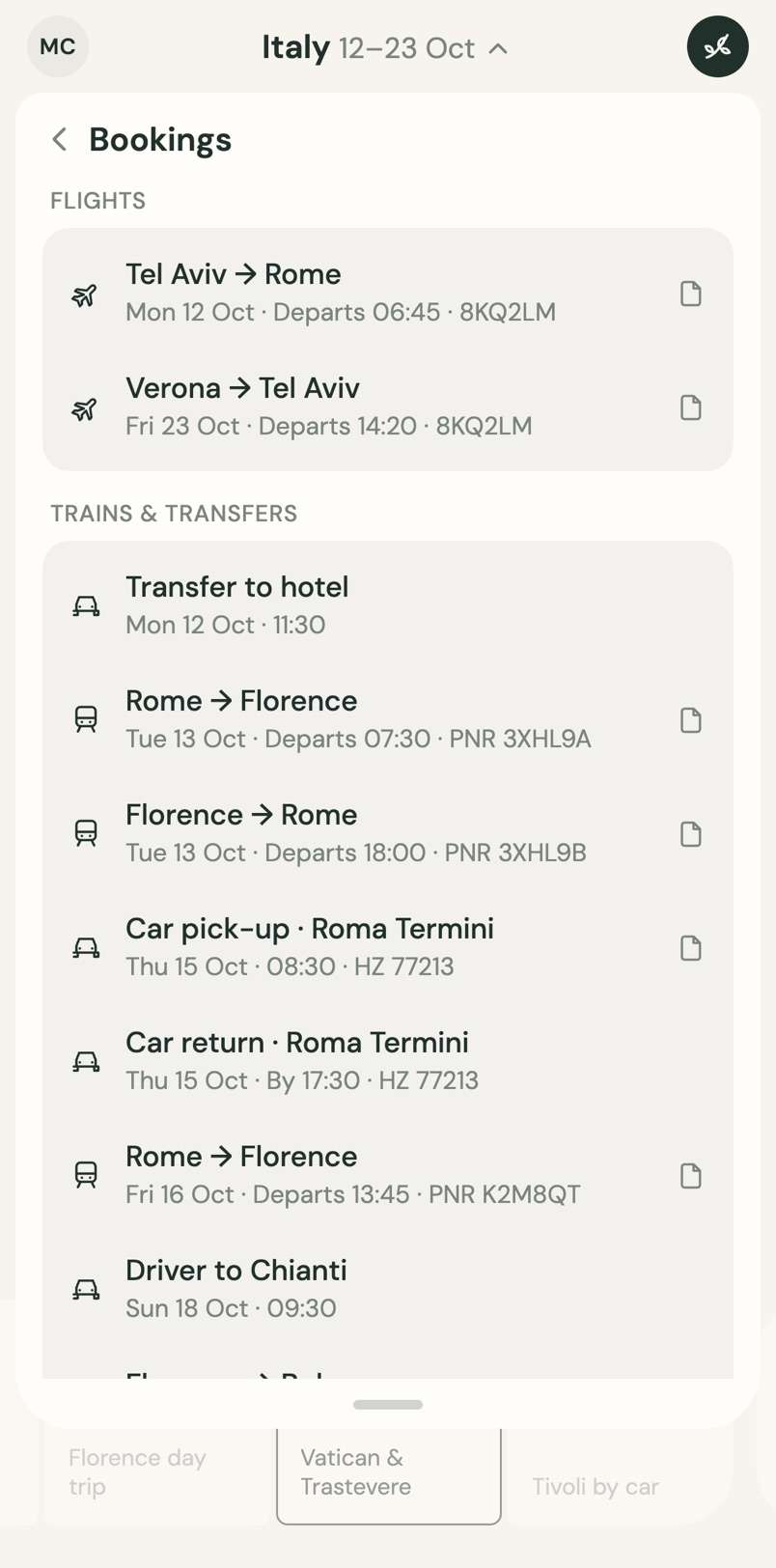 Trip details with bookings grouped by type